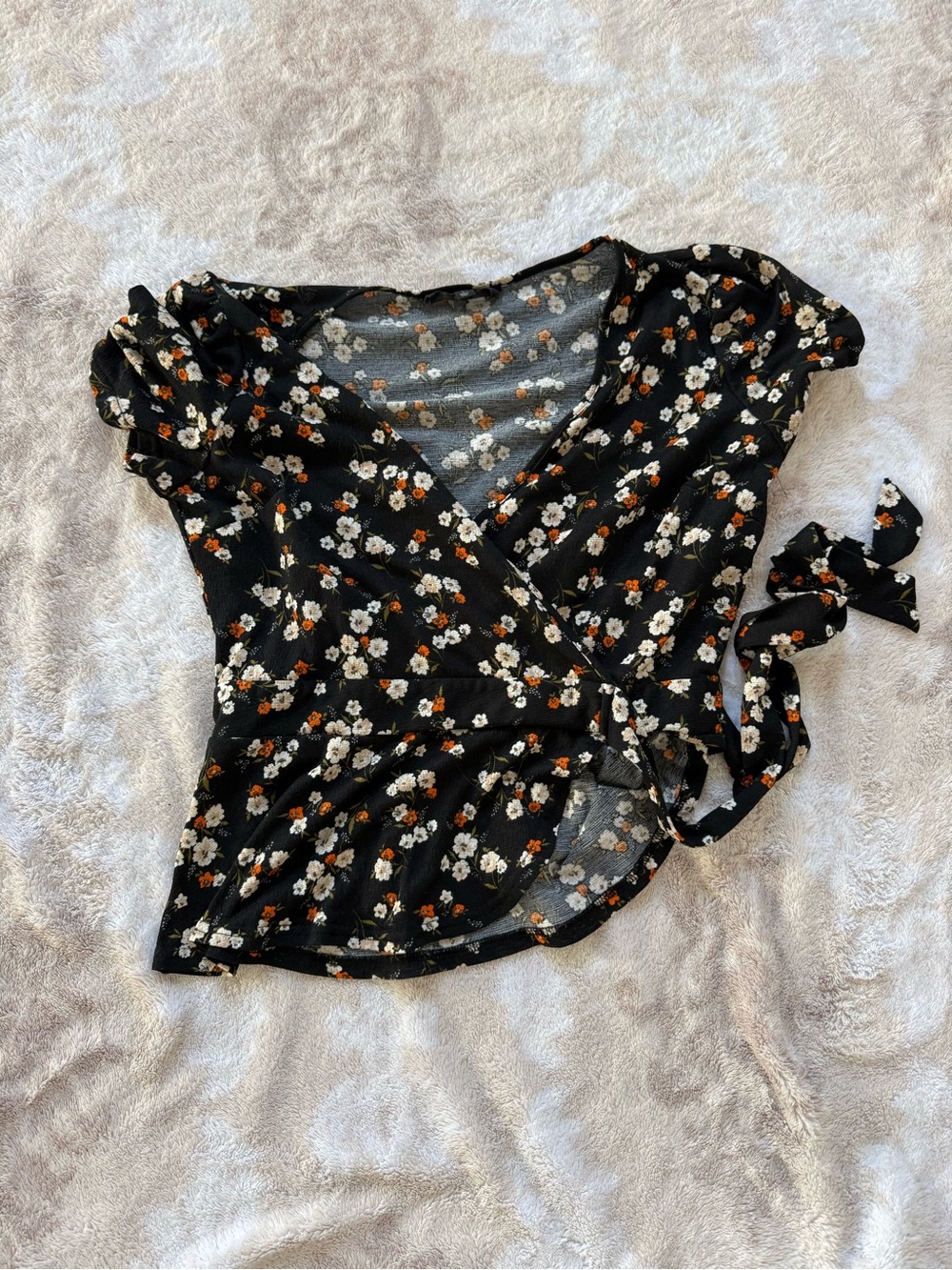 Sweet Wanderer Black Floral Wrap Blouse with Tie